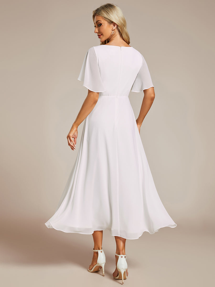 Midi Länge V-Ausschnitt A-Linie Chiffon Kleid Mit Applikationen Und Raffung Details Kleid #Farbe_Weiß