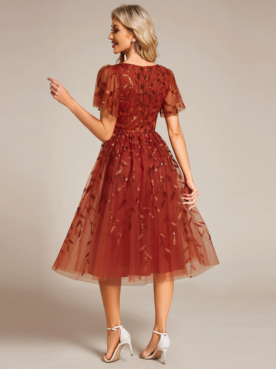 Midi Länge V-Ausschnitt A-Linie Pailletten Kleid Mit Besticktem Blumenmuster Und Gerafften Details #Farbe_Gebranntes Orange