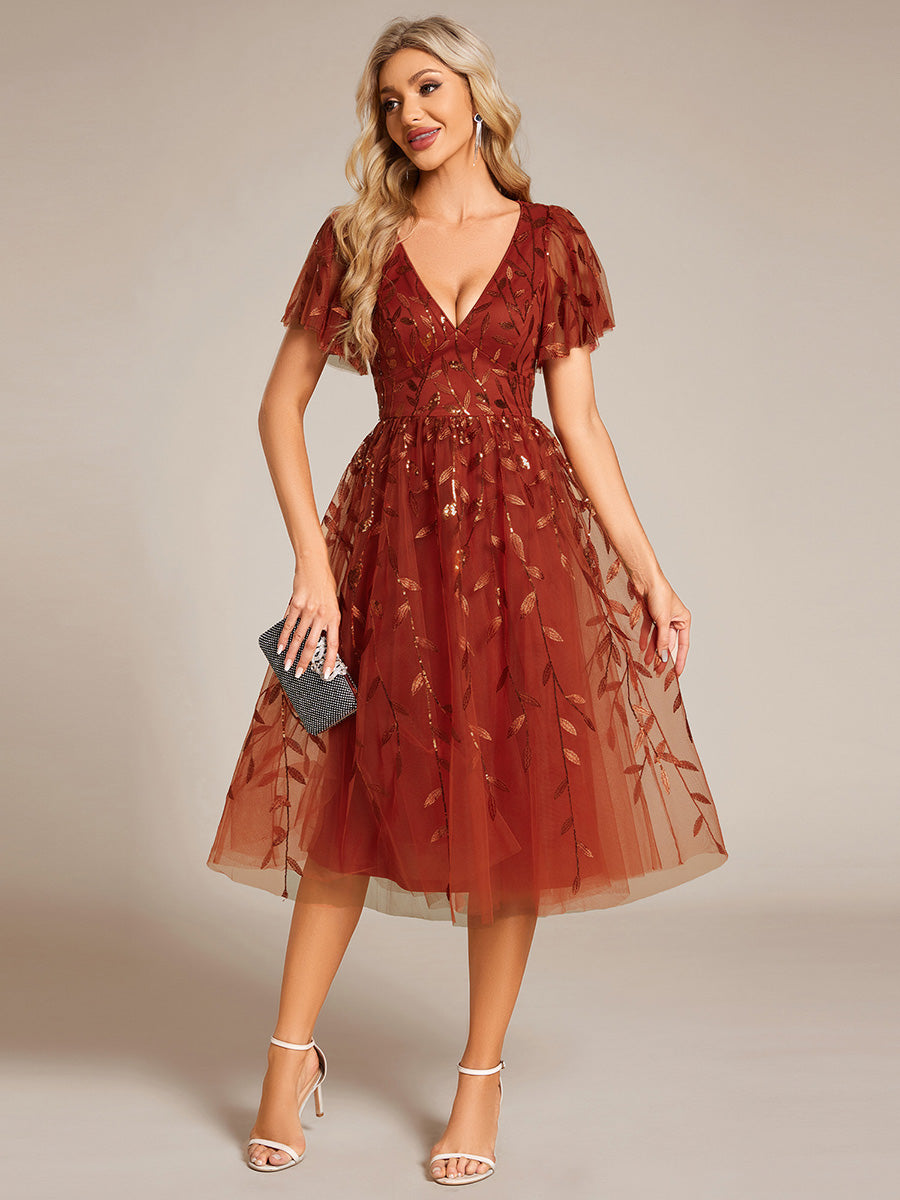 Midi Länge V-Ausschnitt A-Linie Pailletten Kleid Mit Besticktem Blumenmuster Und Gerafften Details #Farbe_Gebranntes Orange
