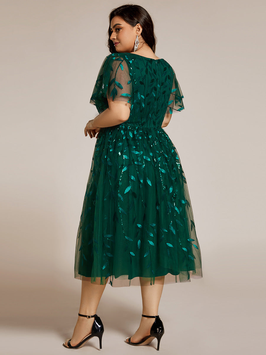 Midi Länge V-Ausschnitt A-Linie Pailletten Kleid Mit Besticktem Blumenmuster Und Gerafften Details #Farbe_Dunkelgrün