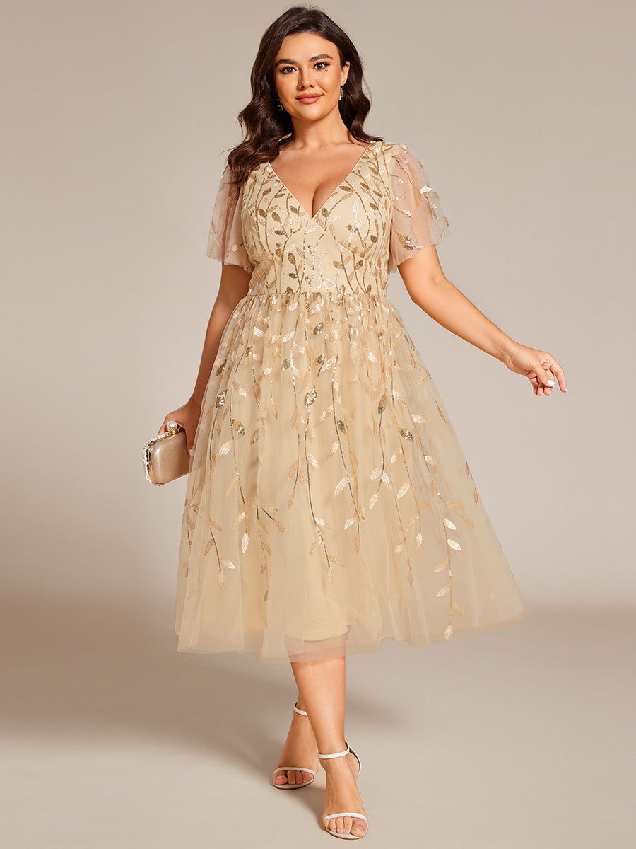 Midi Länge V-Ausschnitt A-Linie Pailletten Kleid Mit Besticktem Blumenmuster Und Gerafften Details #Farbe_Gold