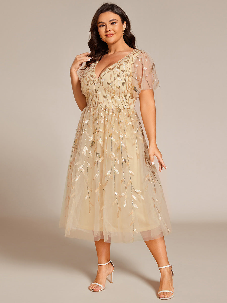 Midi Länge V-Ausschnitt A-Linie Pailletten Kleid Mit Besticktem Blumenmuster Und Gerafften Details #Farbe_Gold