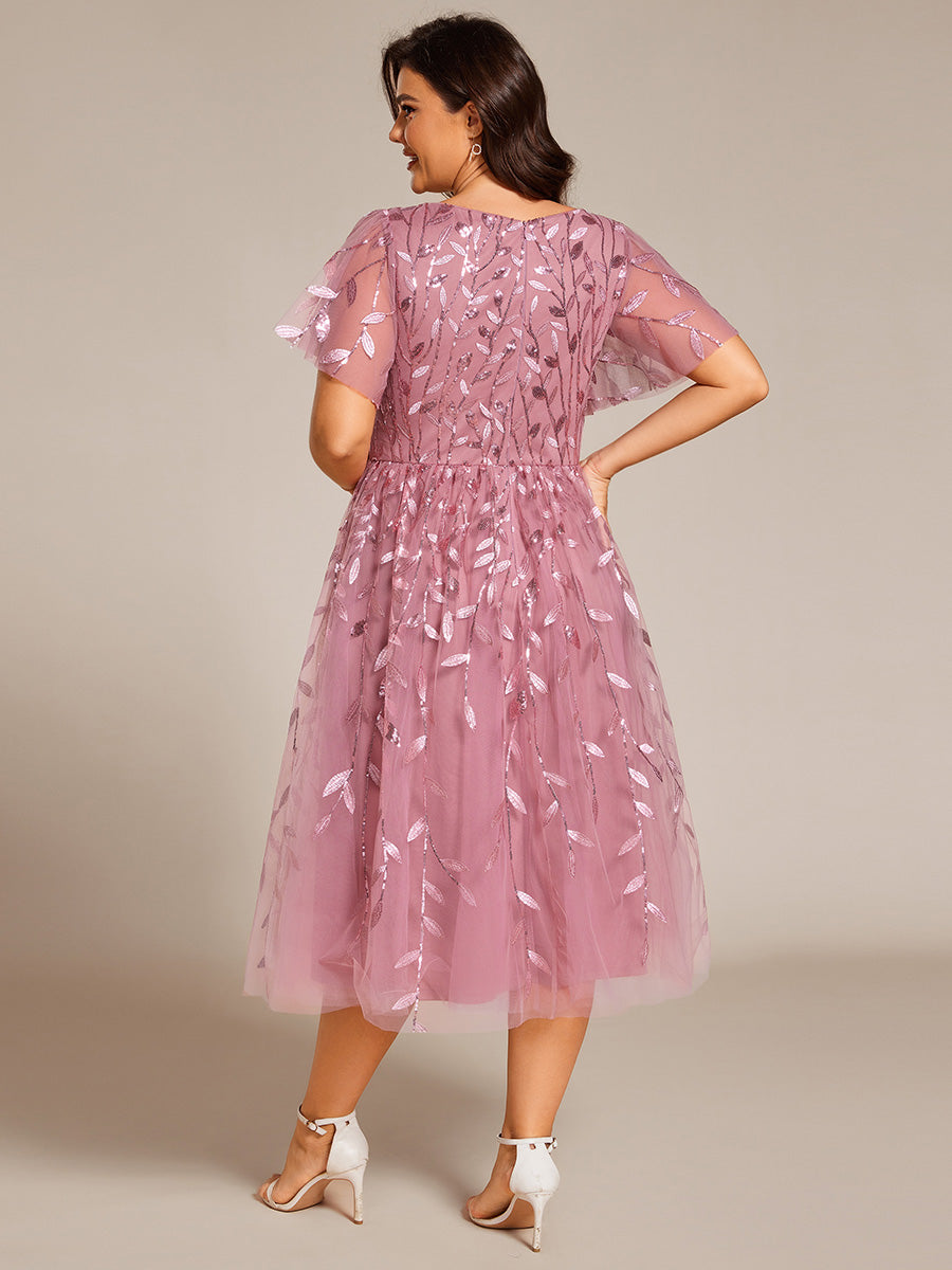 Midi Länge V-Ausschnitt A-Linie Pailletten Kleid Mit Besticktem Blumenmuster Und Gerafften Details #Farbe_Orchideenviolett