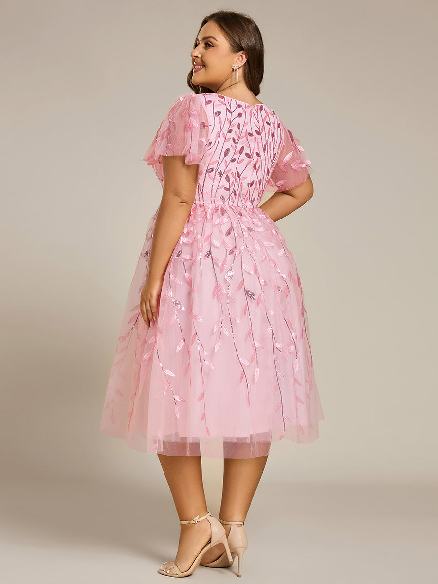 Midi Länge V-Ausschnitt A-Linie Pailletten Kleid Mit Besticktem Blumenmuster Und Gerafften Details #Farbe_Rosa