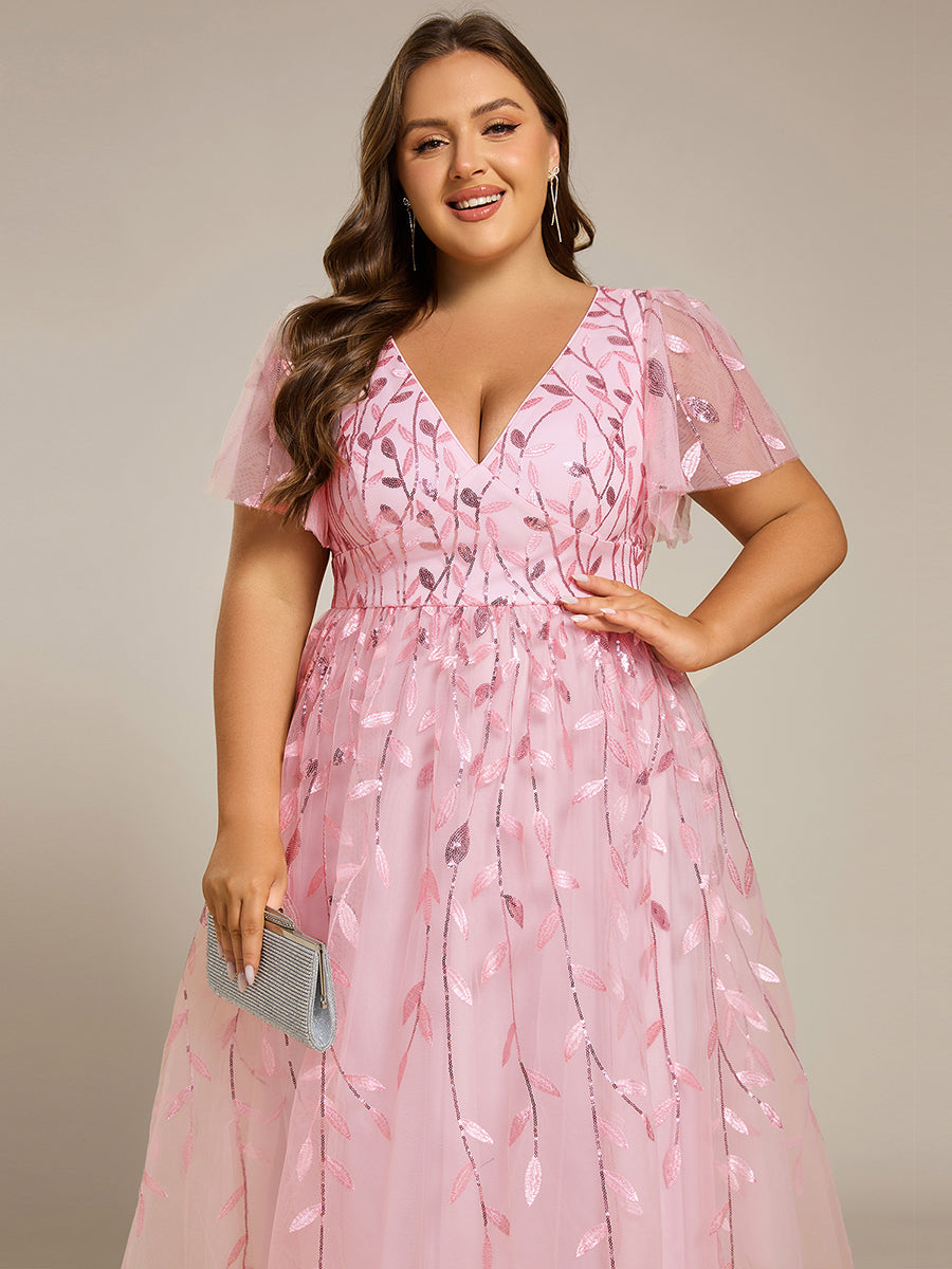 Midi Länge V-Ausschnitt A-Linie Pailletten Kleid Mit Besticktem Blumenmuster Und Gerafften Details #Farbe_Rosa