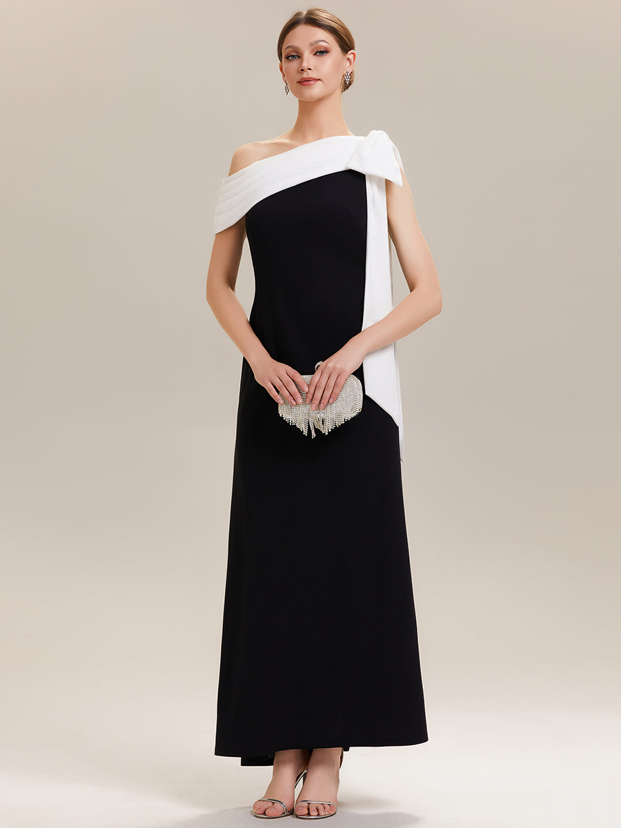 Maxikleid Ohne Träger Sheath Schnitt Strickstoff Schleifendetail Raffung Design Kleid #Farbe_Elfenbein-Schwarz