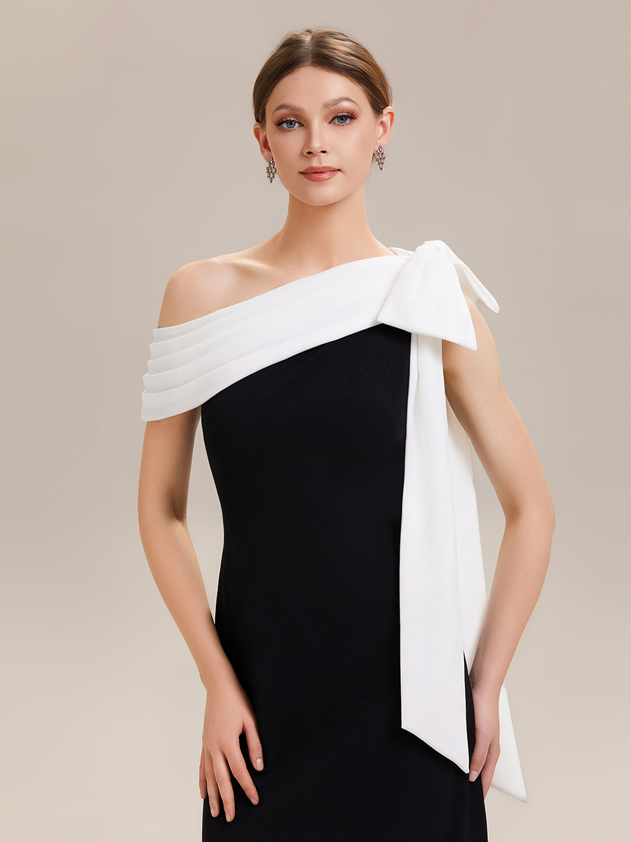 Maxikleid Ohne Träger Sheath Schnitt Strickstoff Schleifendetail Raffung Design Kleid #Farbe_Elfenbein-Schwarz
