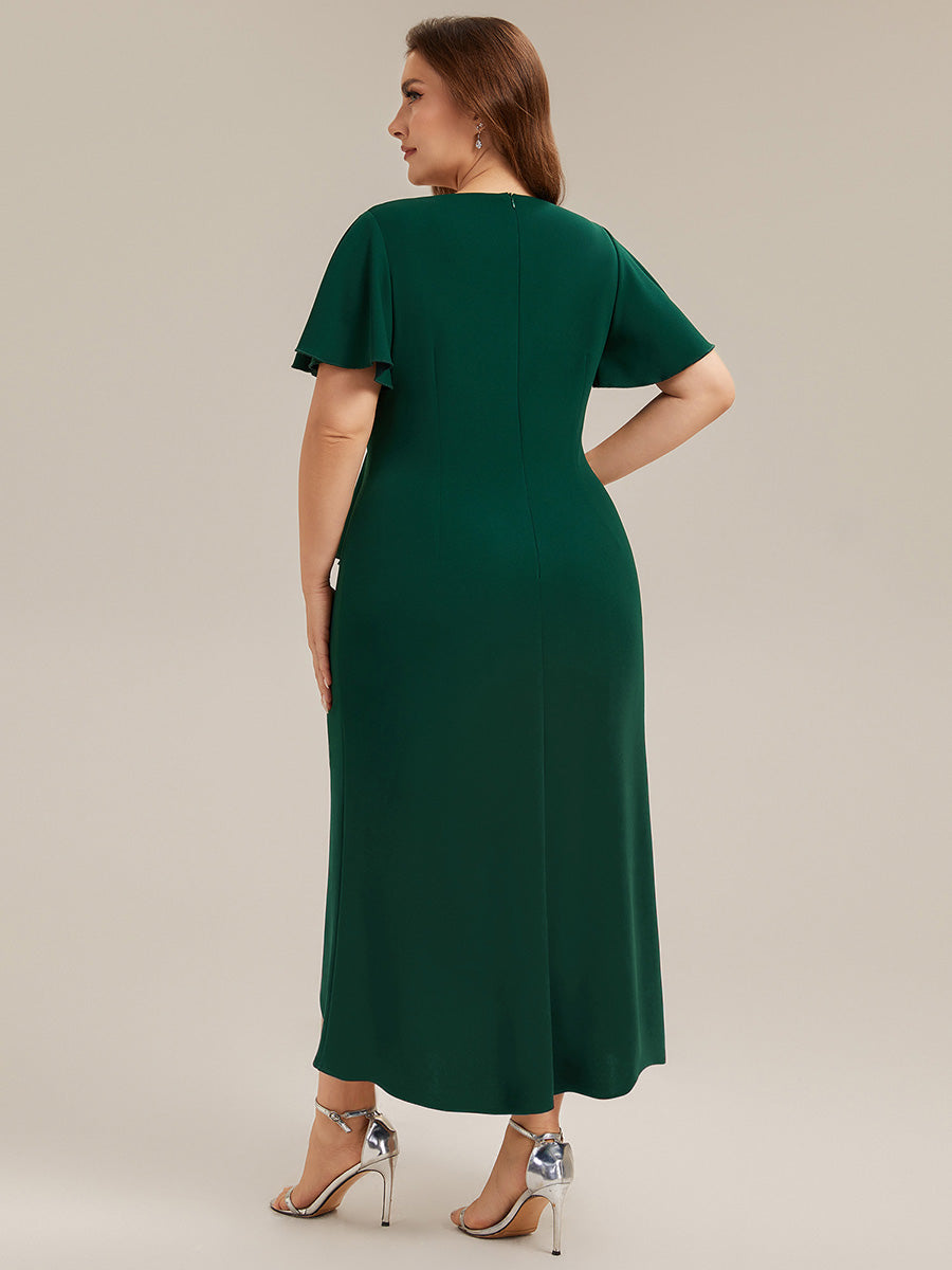 Asymmetrischer Saum V Neck Bodycon Kleid Aus Krepp Mit Tiefem V Ausschnitt Und Hohem Schlitz #Farbe_Dunkelgrün
