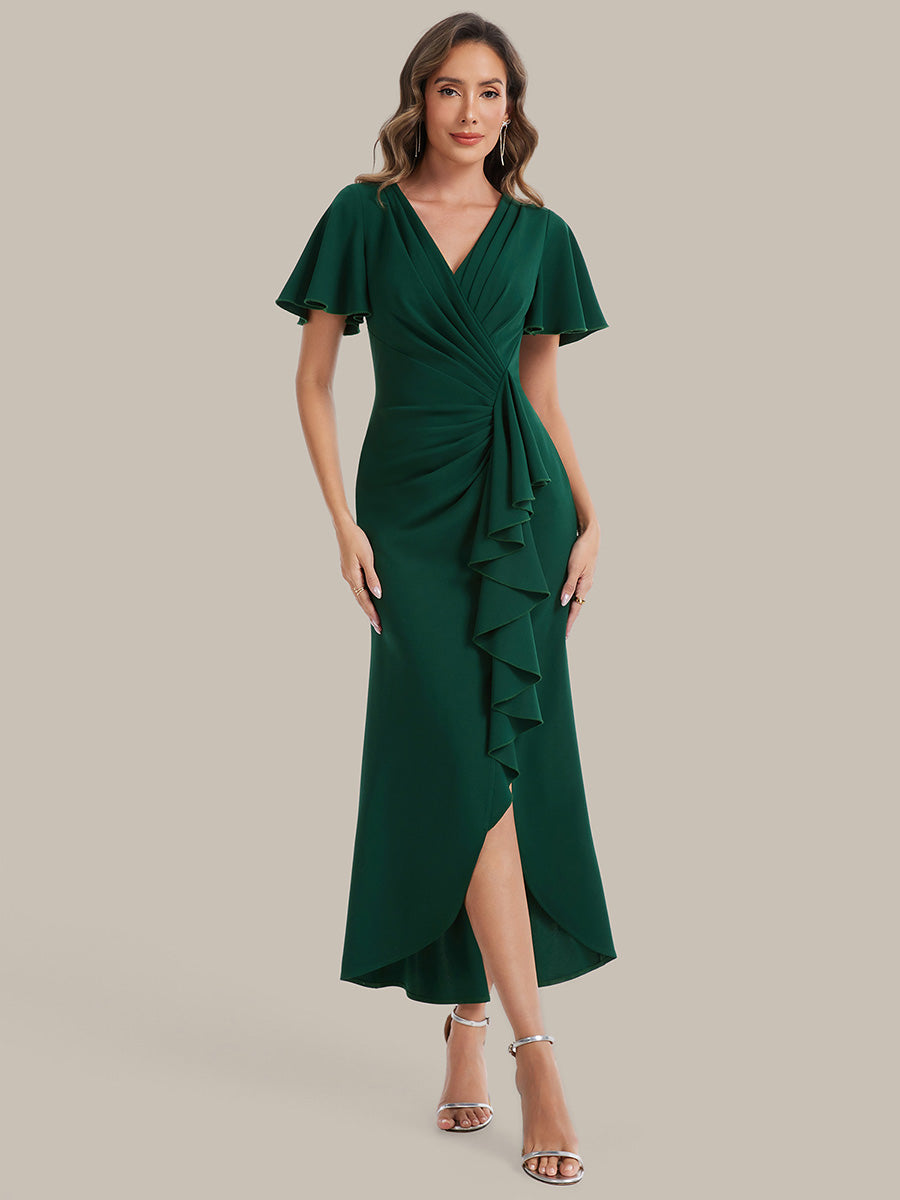 Asymmetrischer Saum V Neck Bodycon Kleid Aus Krepp Mit Tiefem V Ausschnitt Und Hohem Schlitz #Farbe_Dunkelgrün
