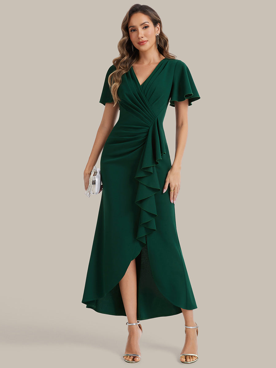 Asymmetrischer Saum V Neck Bodycon Kleid Aus Krepp Mit Tiefem V Ausschnitt Und Hohem Schlitz #Farbe_Dunkelgrün