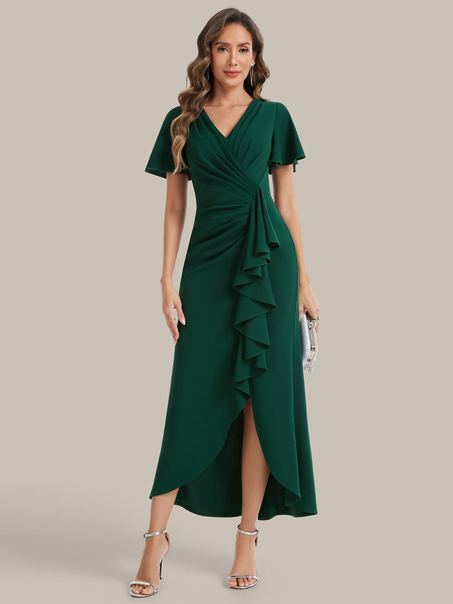 Asymmetrischer Saum V Neck Bodycon Kleid Aus Krepp Mit Tiefem V Ausschnitt Und Hohem Schlitz #Farbe_Dunkelgrün