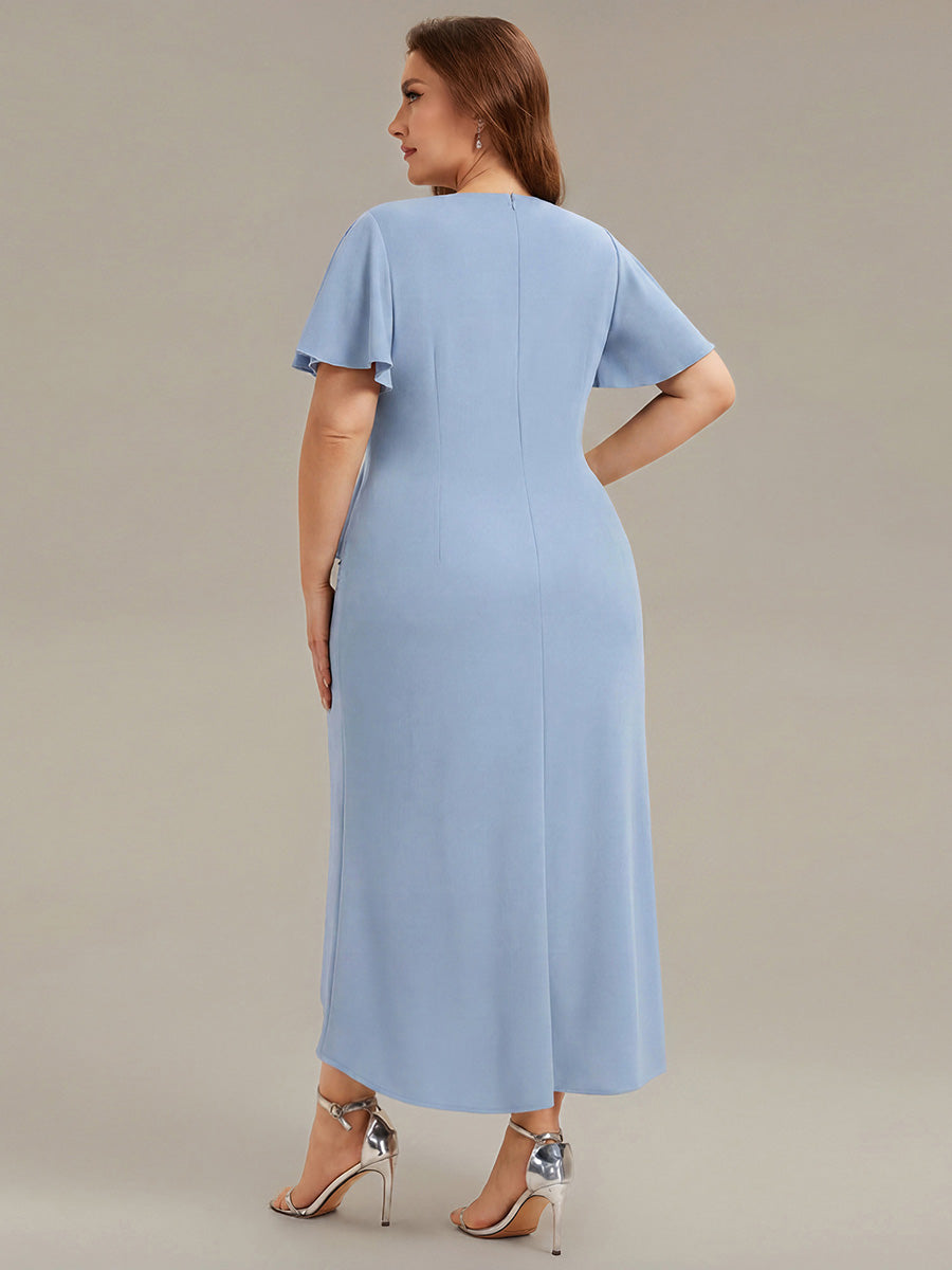 Asymmetrischer Saum V Neck Bodycon Kleid Aus Krepp Mit Tiefem V Ausschnitt Und Hohem Schlitz #Farbe_Eisblau