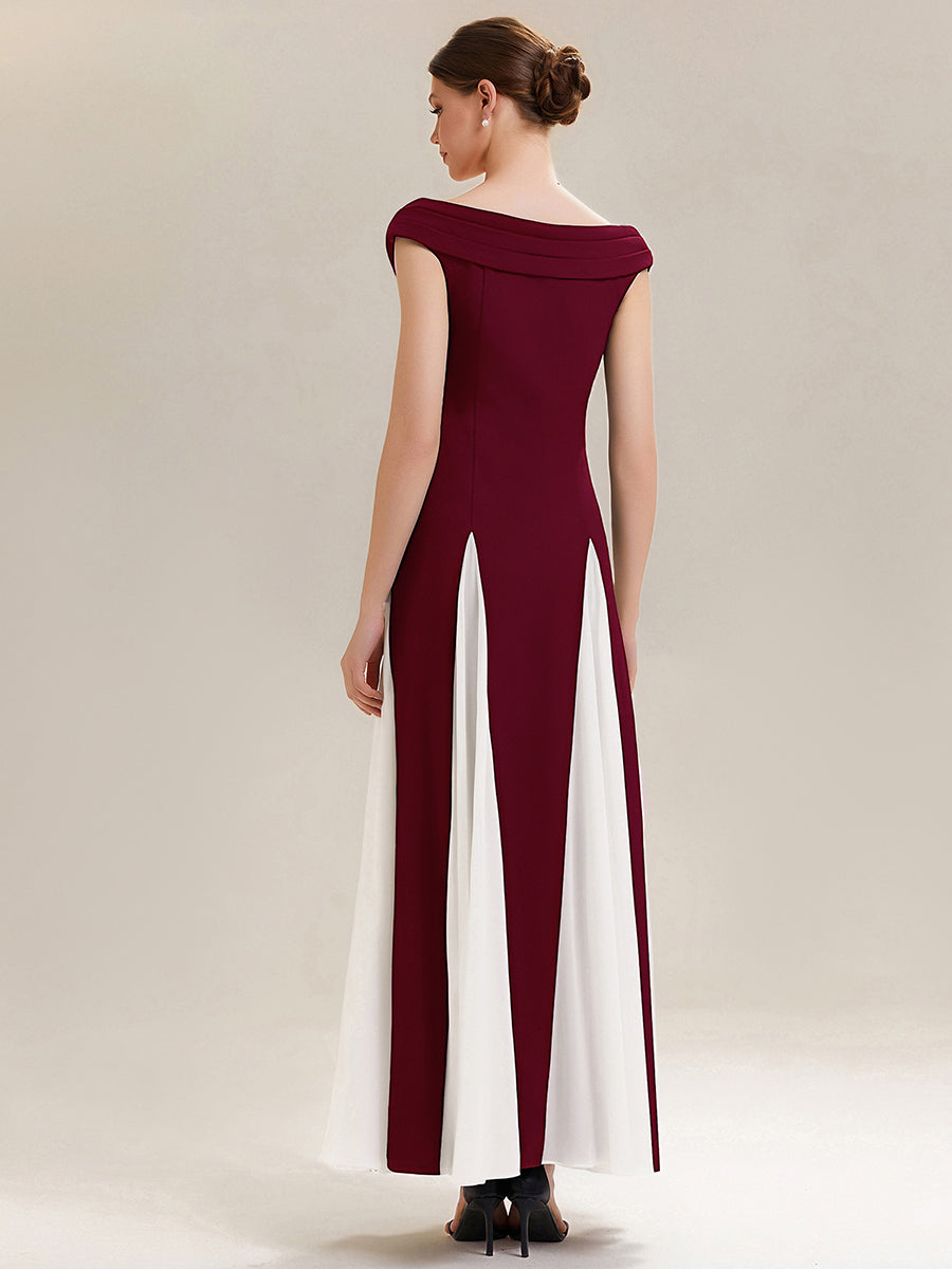 Maxi V-Ausschnitt A-Linie Kleid In Krepp Mit Gerafftem Patchwork Design #Farbe_Dunkelrot