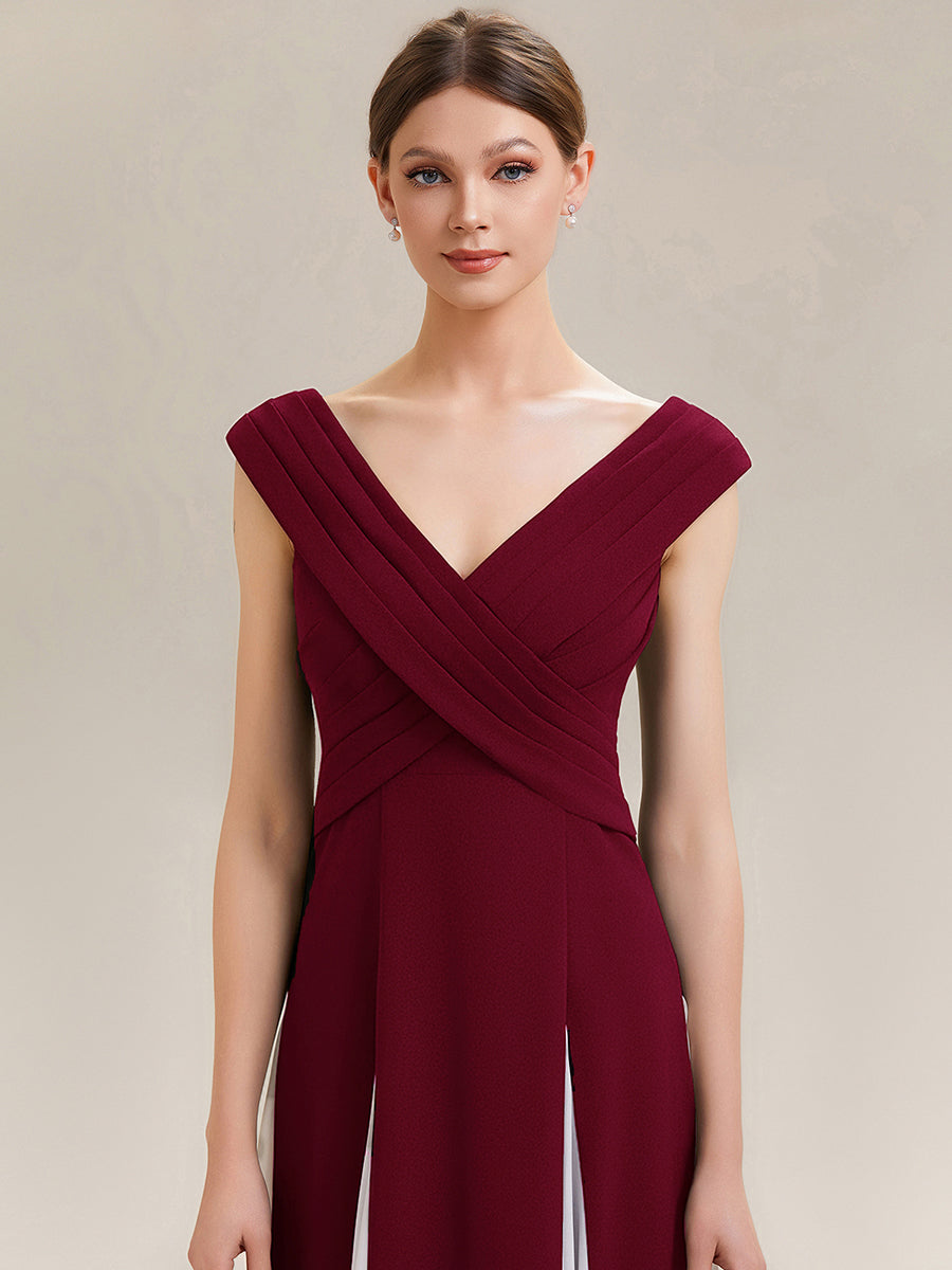 Maxi V-Ausschnitt A-Linie Kleid In Krepp Mit Gerafftem Patchwork Design #Farbe_Dunkelrot