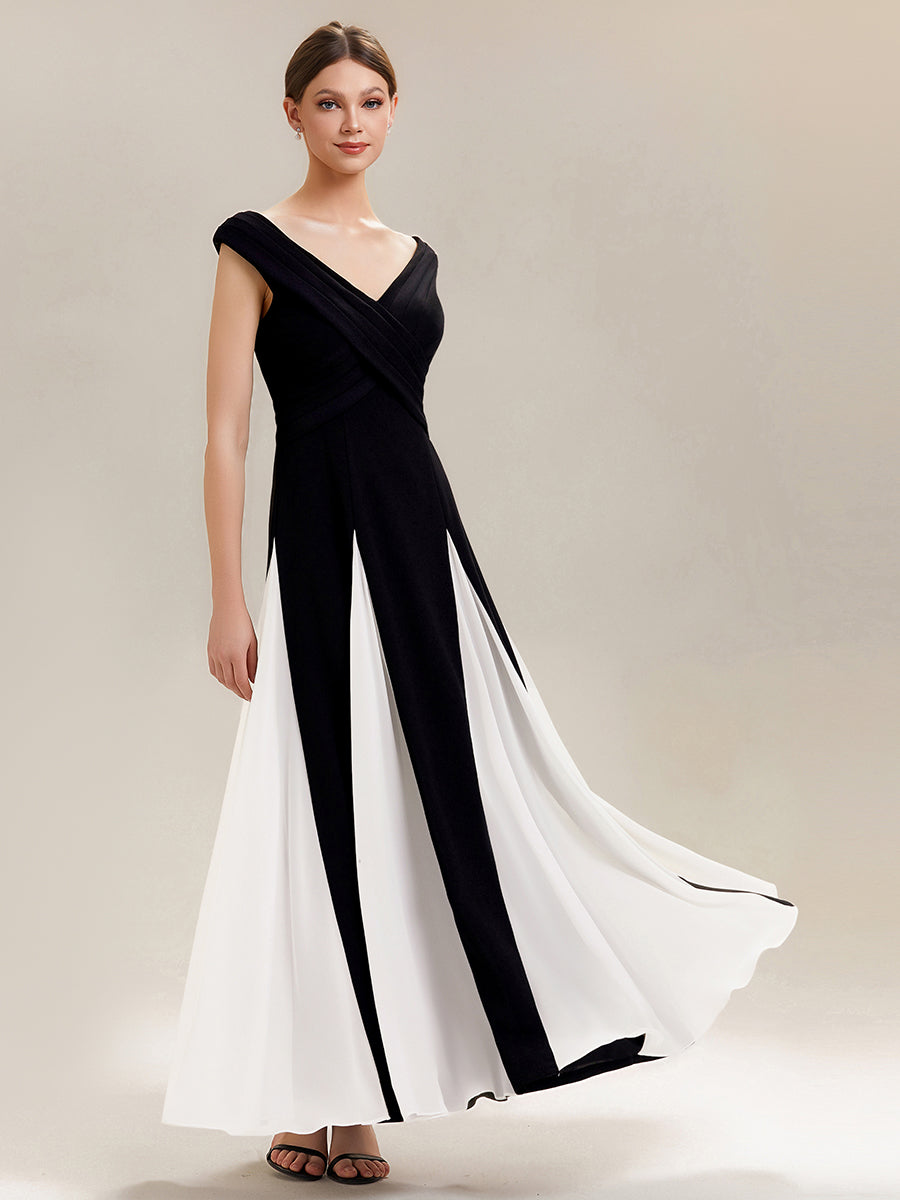 Maxi V-Ausschnitt A-Linie Kleid In Krepp Mit Gerafftem Patchwork Design #Farbe_Elfenbein-Schwarz