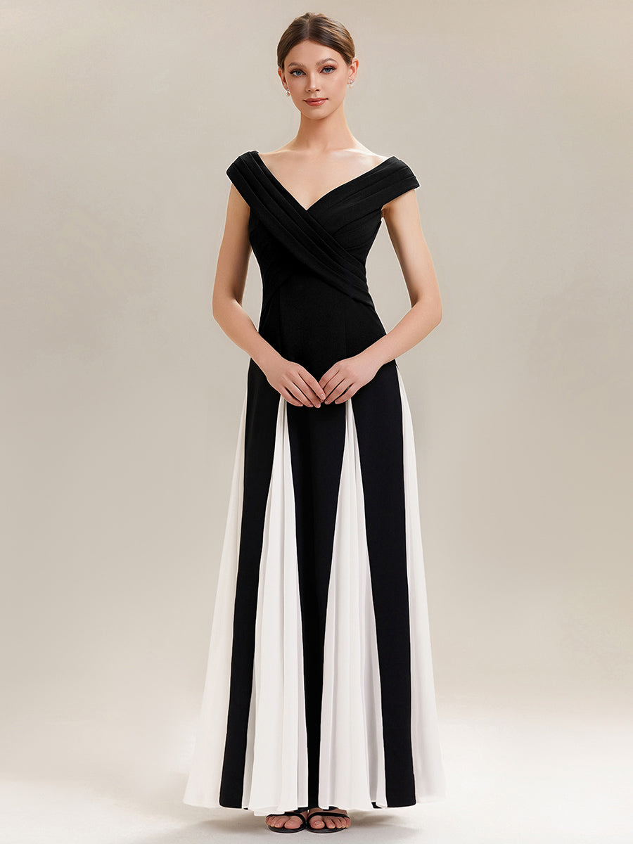 Maxi V-Ausschnitt A-Linie Kleid In Krepp Mit Gerafftem Patchwork Design #Farbe_Elfenbein-Schwarz