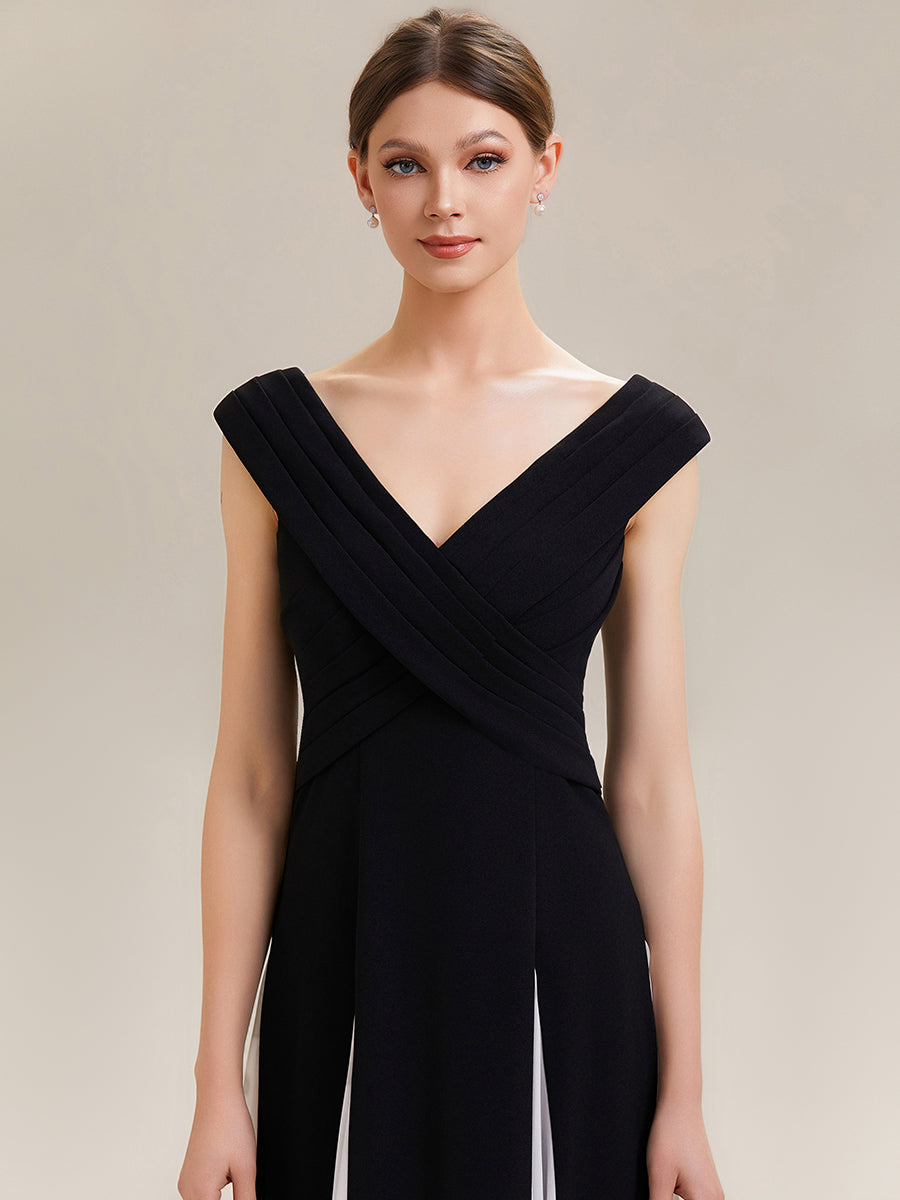 Maxi V-Ausschnitt A-Linie Kleid In Krepp Mit Gerafftem Patchwork Design #Farbe_Elfenbein-Schwarz