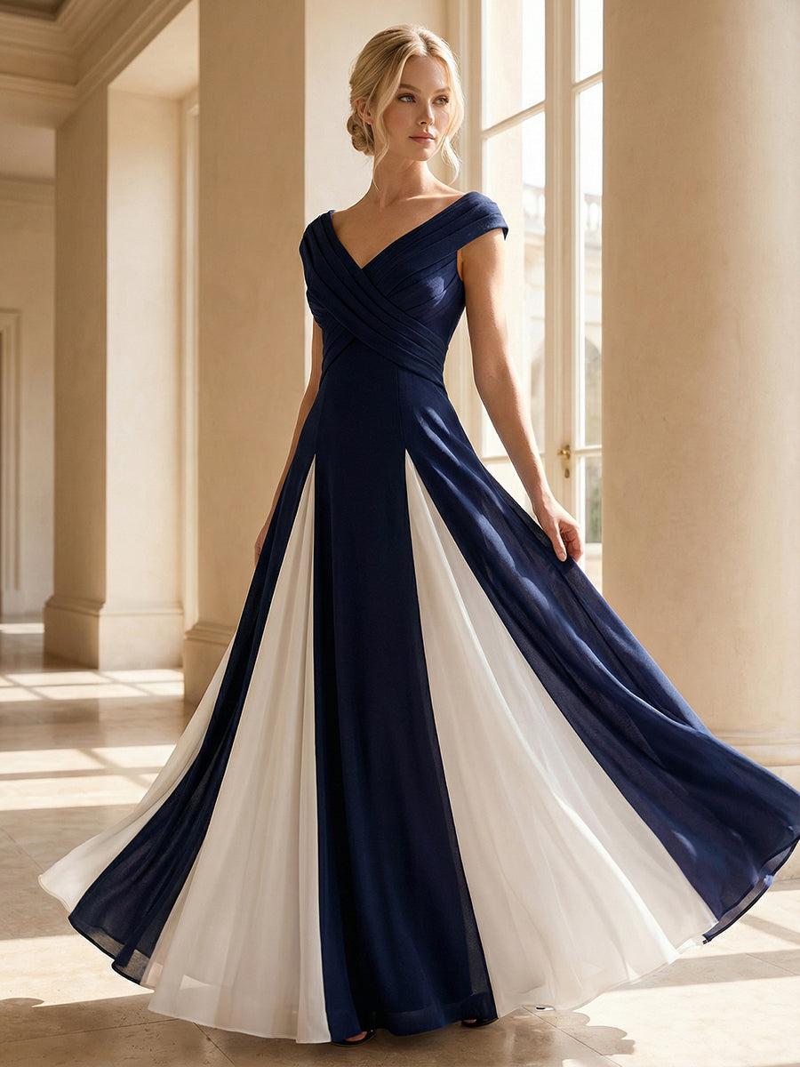 Maxi V-Ausschnitt A-Linie Kleid In Krepp Mit Gerafftem Patchwork Design #Farbe_Marineblau