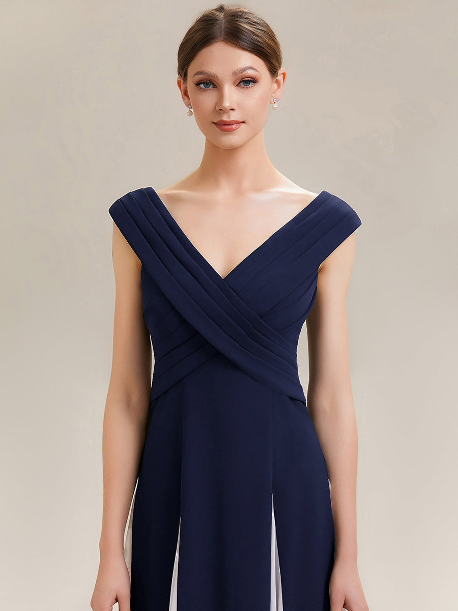 Maxi V-Ausschnitt A-Linie Kleid In Krepp Mit Gerafftem Patchwork Design #Farbe_Marineblau