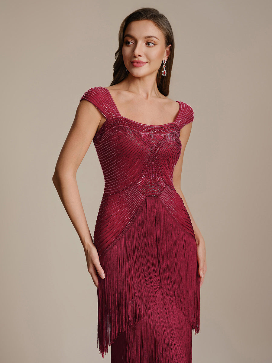 Tea Länge Quadrat Ausschnitt Bodycon Tüll Kleid Mit Perlen Verzierten Stufen Details #Farbe_Burgunderrot