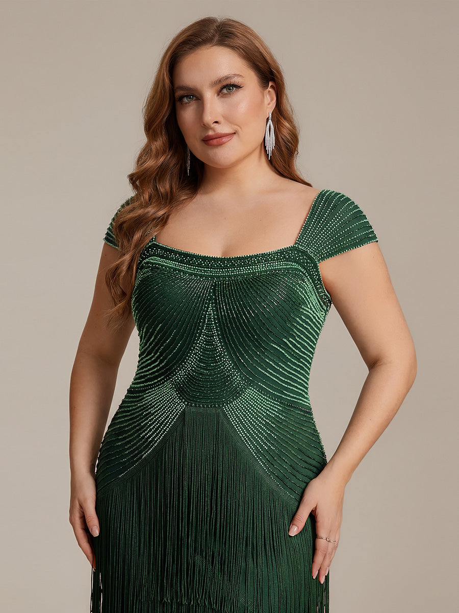 Tea Länge Quadrat Ausschnitt Bodycon Tüll Kleid Mit Perlen Verzierten Stufen Details #Farbe_Dunkelgrün
