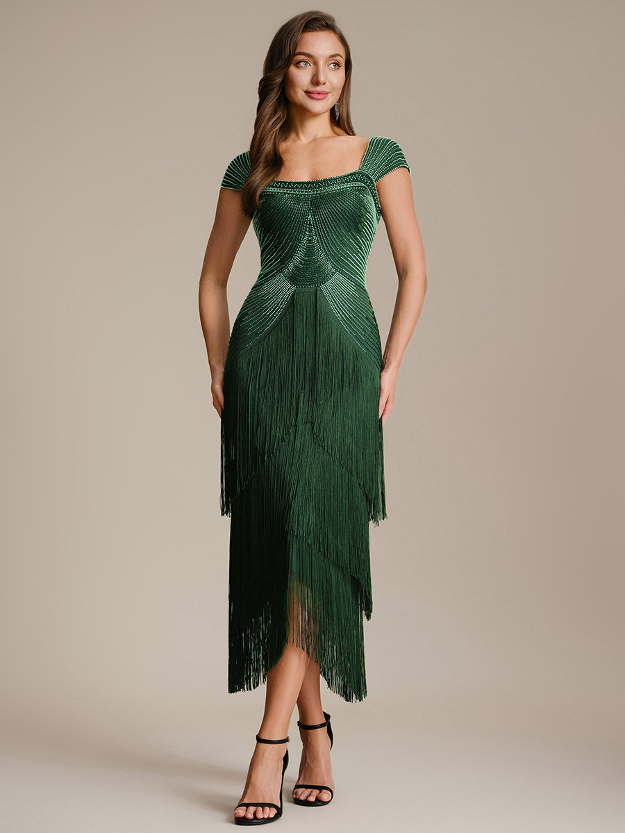 Tea Länge Quadrat Ausschnitt Bodycon Tüll Kleid Mit Perlen Verzierten Stufen Details #Farbe_Dunkelgrün