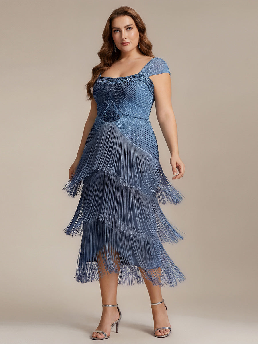 Tea Länge Quadrat Ausschnitt Bodycon Tüll Kleid Mit Perlen Verzierten Stufen Details #Farbe_Taubenblau