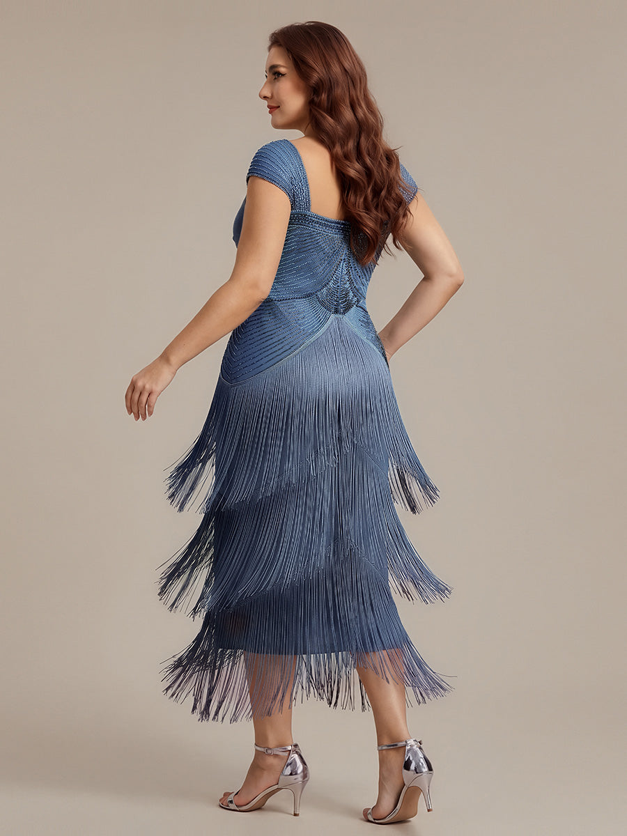 Tea Länge Quadrat Ausschnitt Bodycon Tüll Kleid Mit Perlen Verzierten Stufen Details #Farbe_Taubenblau