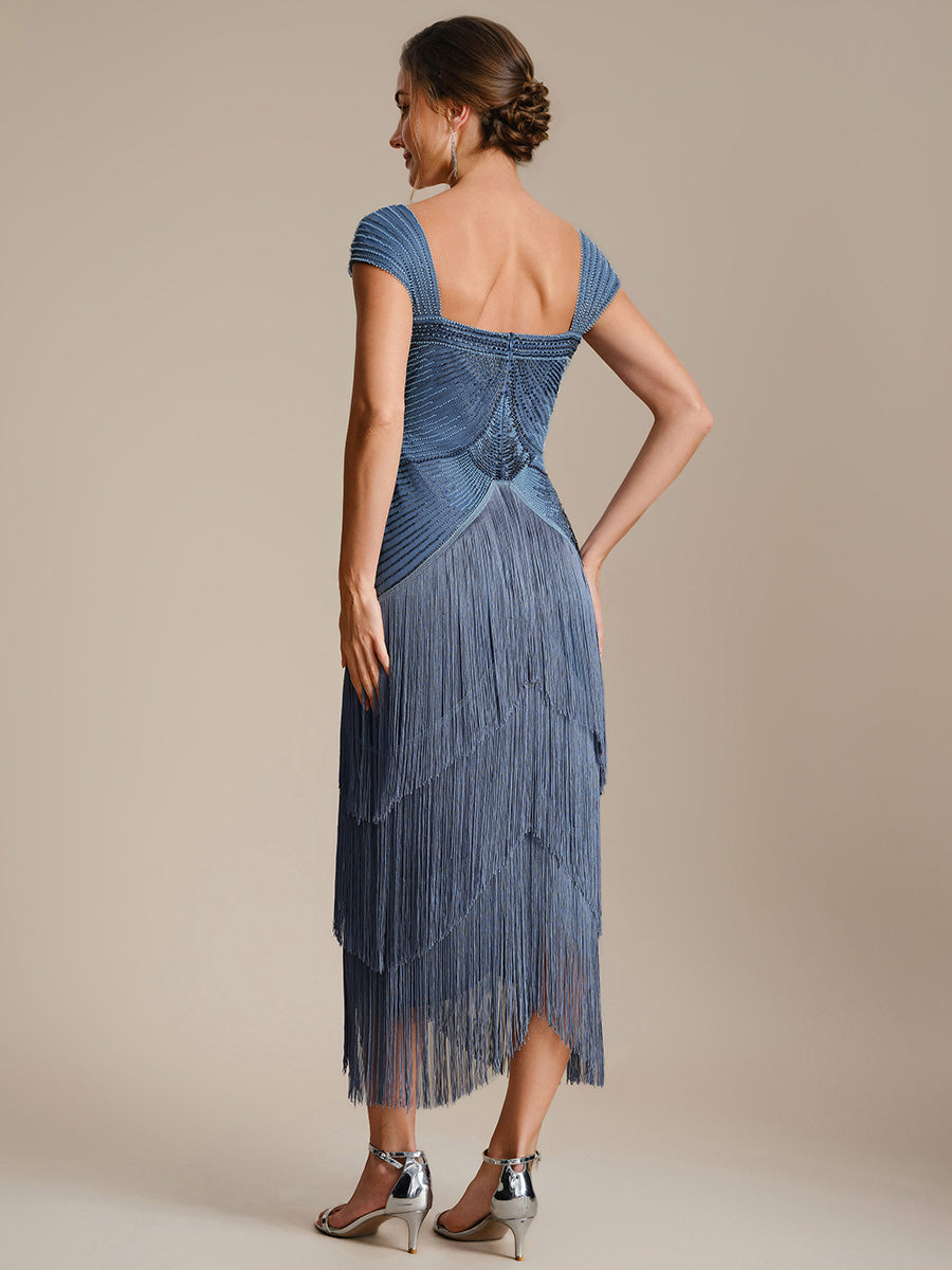 Tea Länge Quadrat Ausschnitt Bodycon Tüll Kleid Mit Perlen Verzierten Stufen Details #Farbe_Taubenblau
