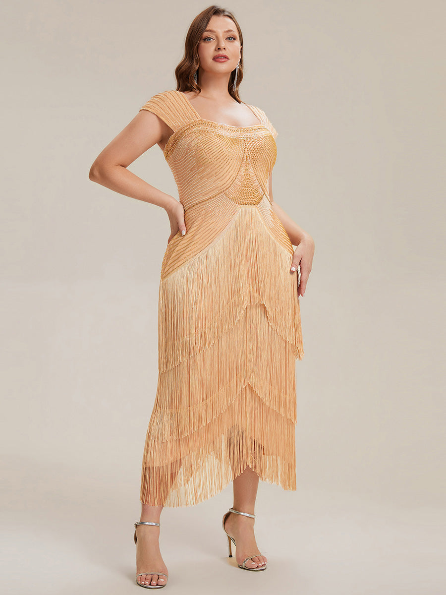 Tea Länge Quadrat Ausschnitt Bodycon Tüll Kleid Mit Perlen Verzierten Stufen Details #Farbe_Gold