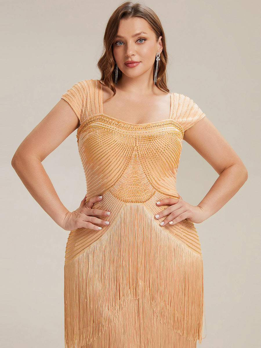 Tea Länge Quadrat Ausschnitt Bodycon Tüll Kleid Mit Perlen Verzierten Stufen Details #Farbe_Gold