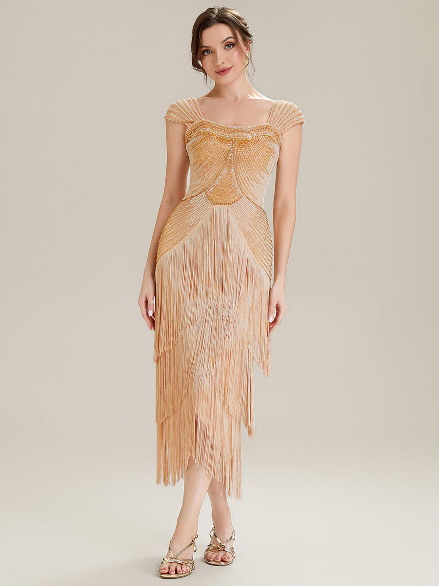 Tea Länge Quadrat Ausschnitt Bodycon Tüll Kleid Mit Perlen Verzierten Stufen Details #Farbe_Gold