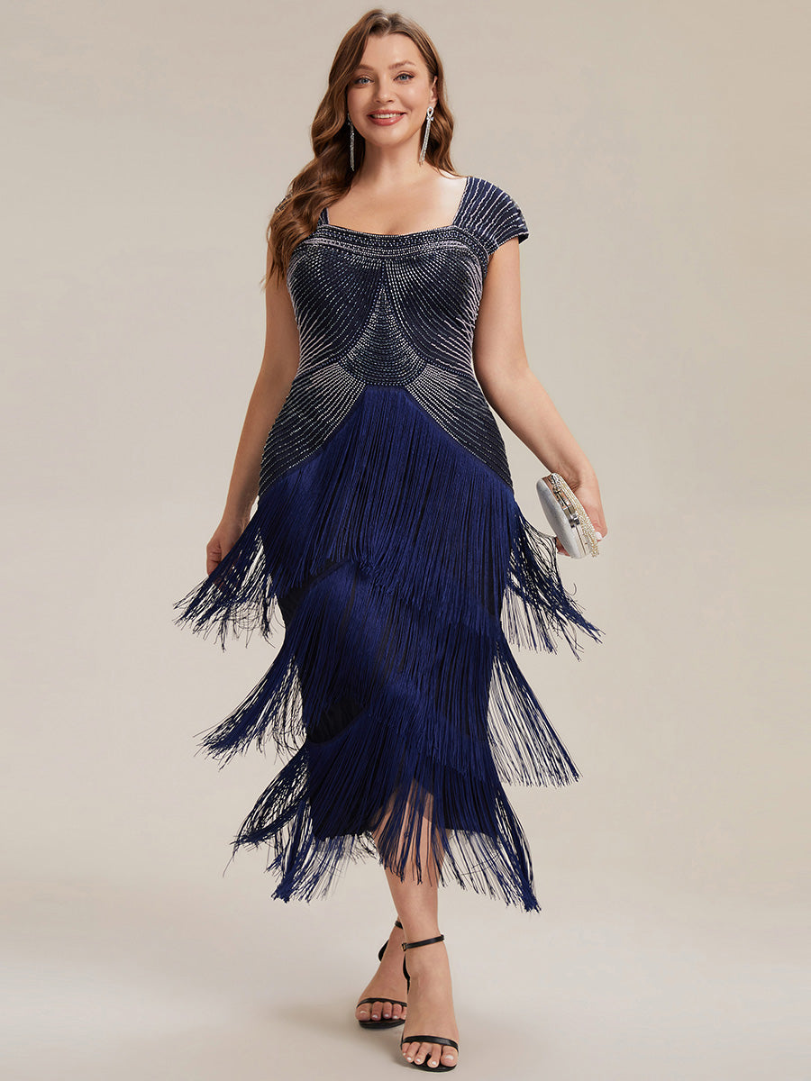 Tea Länge Quadrat Ausschnitt Bodycon Tüll Kleid Mit Perlen Verzierten Stufen Details #Farbe_Marineblau