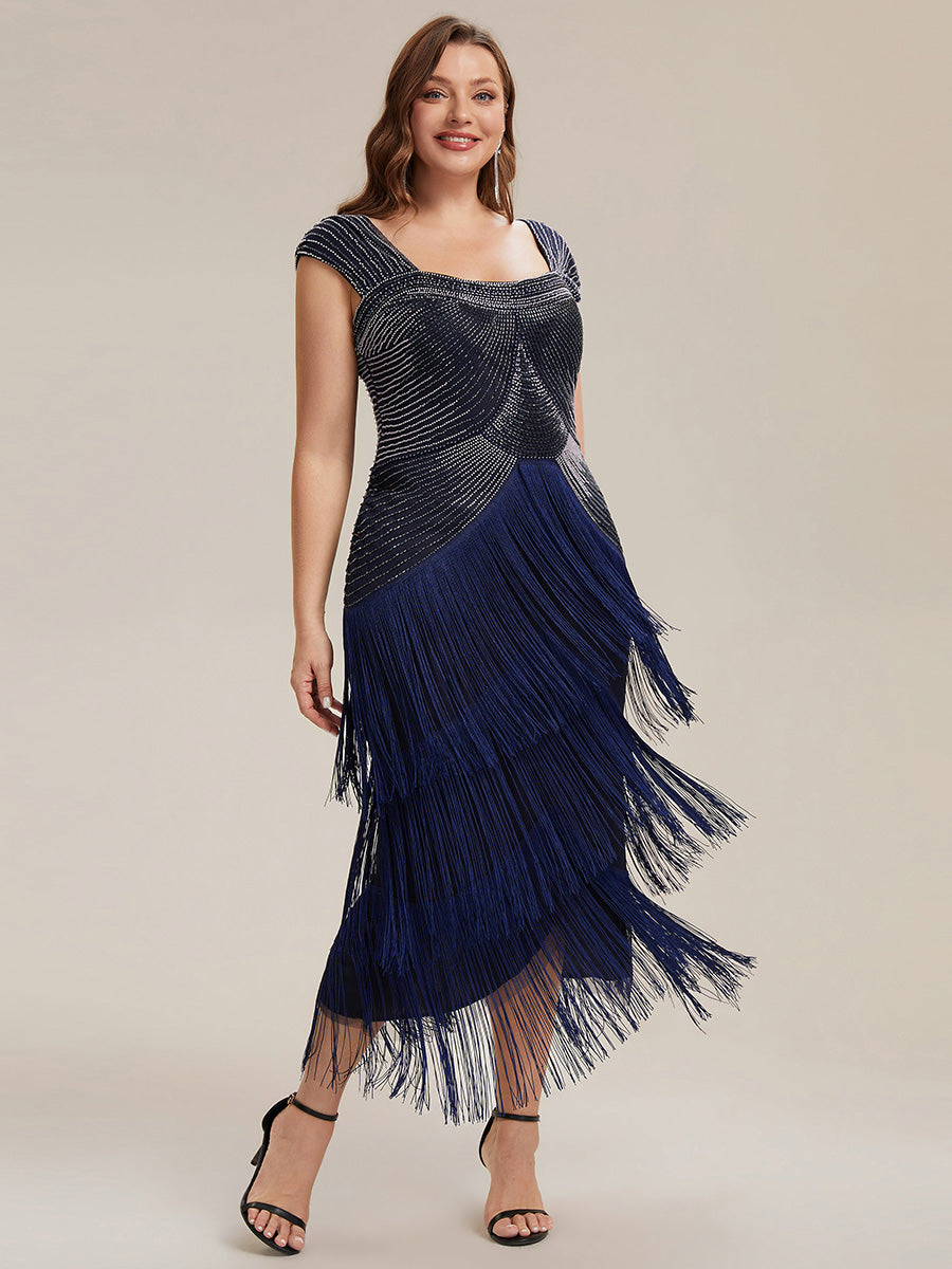 Tea Länge Quadrat Ausschnitt Bodycon Tüll Kleid Mit Perlen Verzierten Stufen Details #Farbe_Marineblau