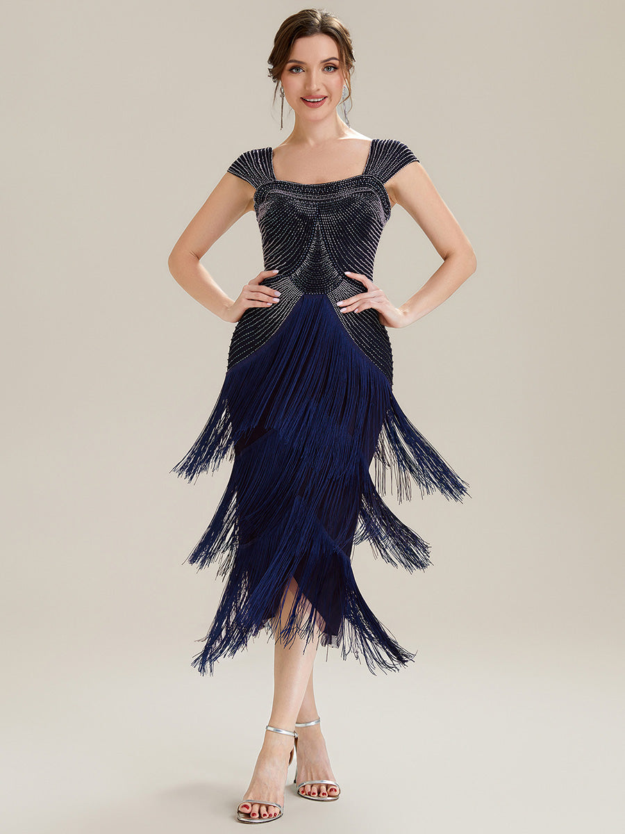 Tea Länge Quadrat Ausschnitt Bodycon Tüll Kleid Mit Perlen Verzierten Stufen Details #Farbe_Marineblau