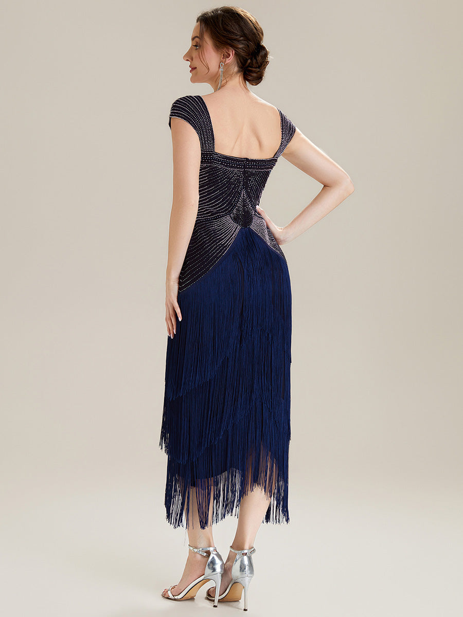 Tea Länge Quadrat Ausschnitt Bodycon Tüll Kleid Mit Perlen Verzierten Stufen Details #Farbe_Marineblau
