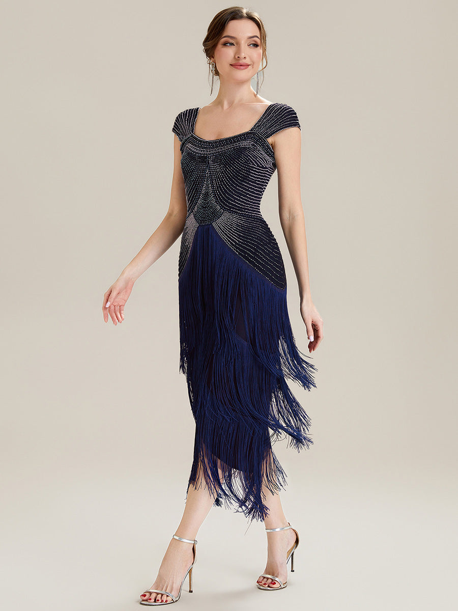 Tea Länge Quadrat Ausschnitt Bodycon Tüll Kleid Mit Perlen Verzierten Stufen Details #Farbe_Marineblau
