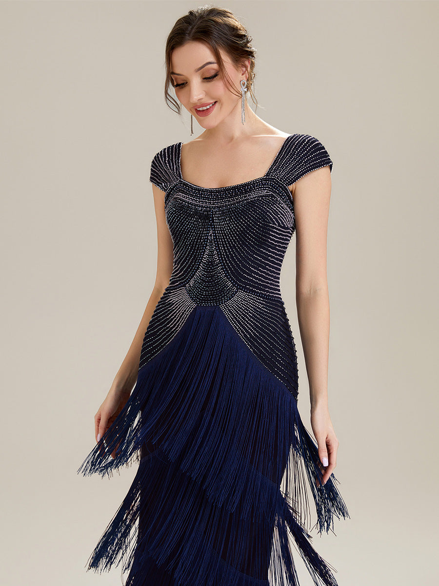 Tea Länge Quadrat Ausschnitt Bodycon Tüll Kleid Mit Perlen Verzierten Stufen Details #Farbe_Marineblau