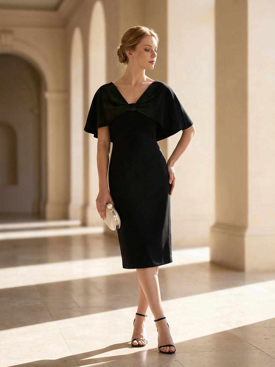 Crepe-Kleid mit Schalärmeln und V-Ausschnitt für Hochzeitsgäste hochzeitsgastkleid #Farbe_Schwarz