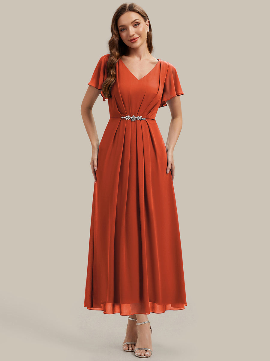 Kn?chellang V-Ausschnitt A-Line Chiffon Kleid R¨¹schendetails Strassverzierungen #Farbe_Gebranntes Orange