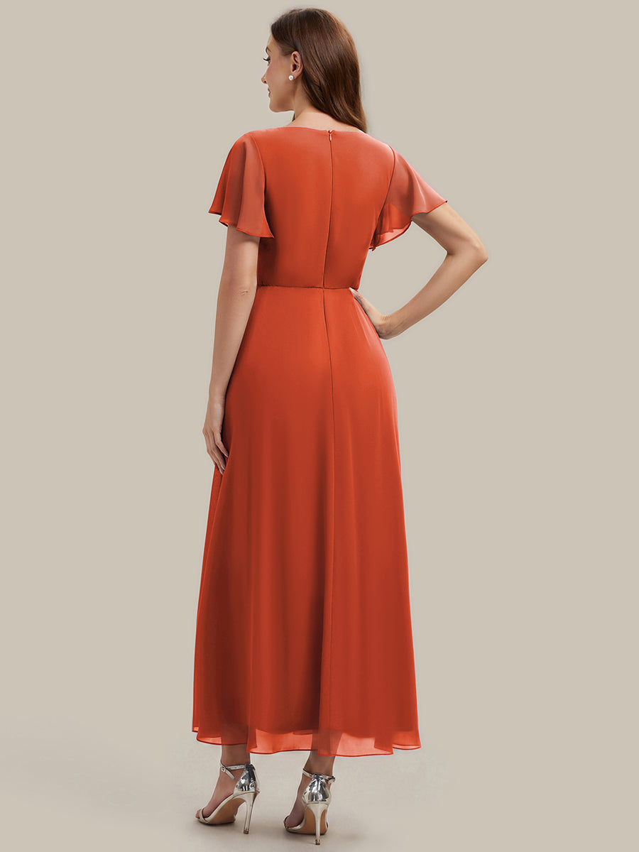 Kn?chellang V-Ausschnitt A-Line Chiffon Kleid R¨¹schendetails Strassverzierungen #Farbe_Gebranntes Orange