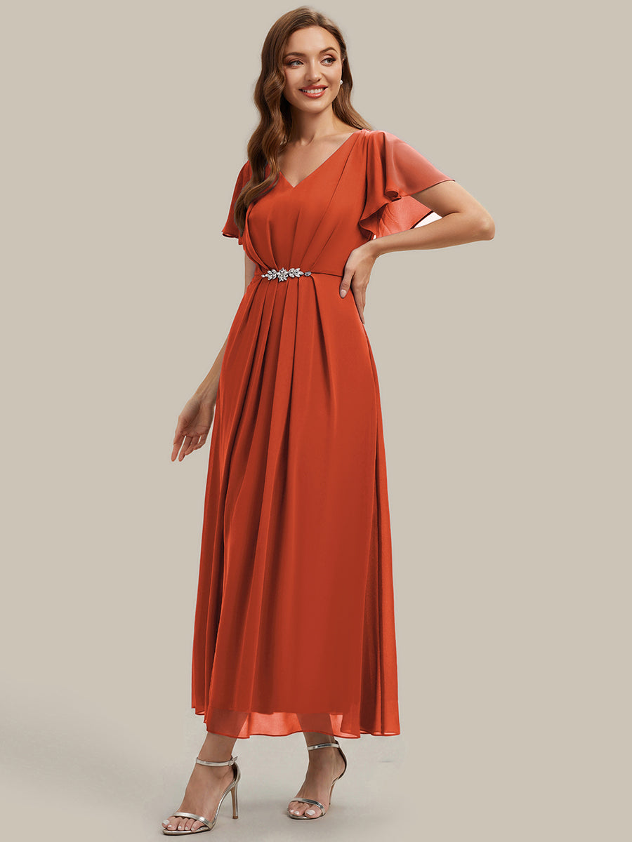 Kn?chellang V-Ausschnitt A-Line Chiffon Kleid R¨¹schendetails Strassverzierungen #Farbe_Gebranntes Orange