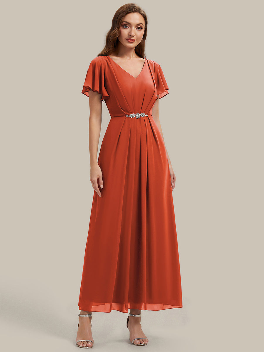 Kn?chellang V-Ausschnitt A-Line Chiffon Kleid R¨¹schendetails Strassverzierungen #Farbe_Gebranntes Orange