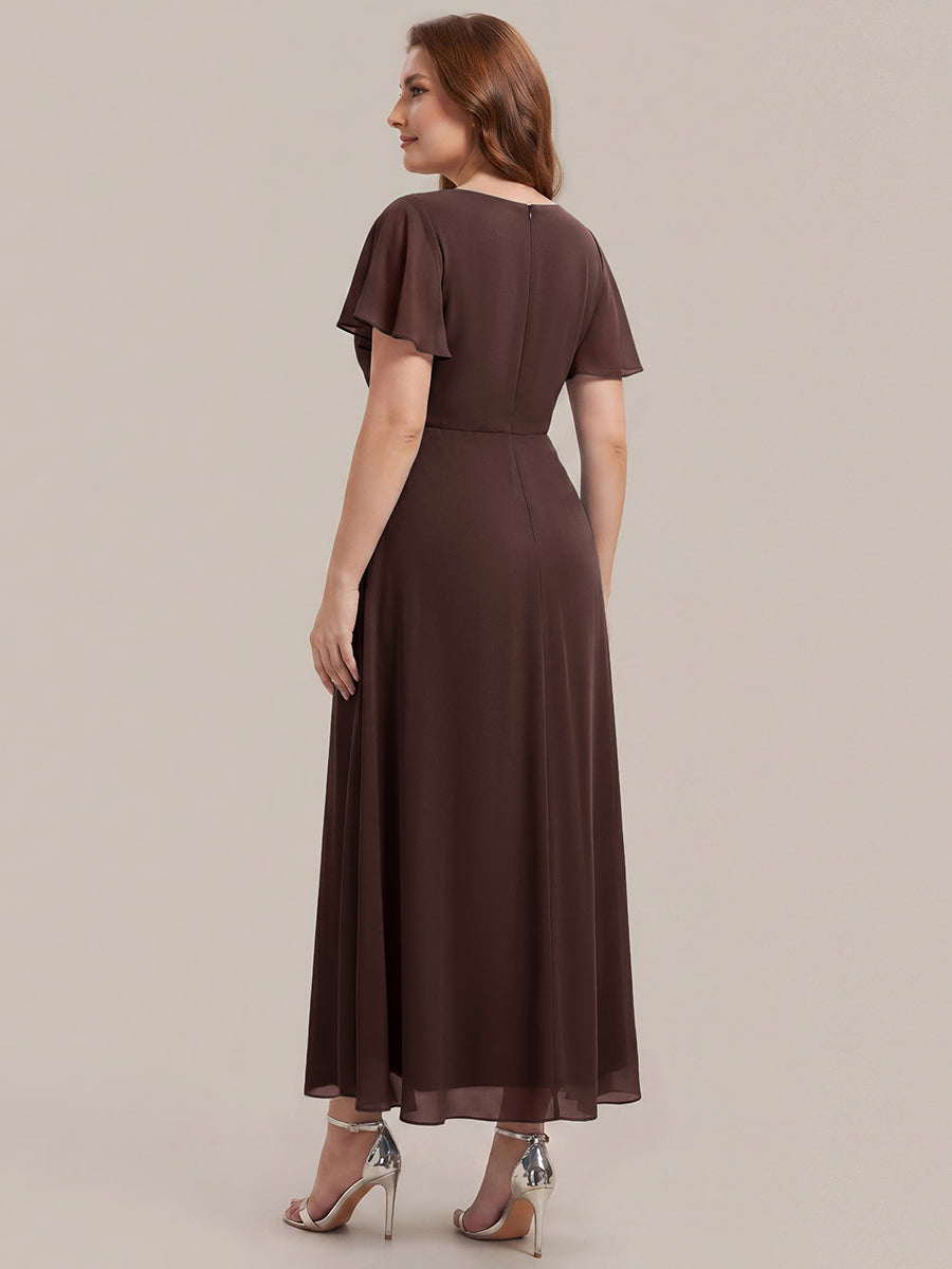 Kn?chellang V-Ausschnitt A-Line Chiffon Kleid R¨¹schendetails Strassverzierungen #Farbe_Schokoladenbraun