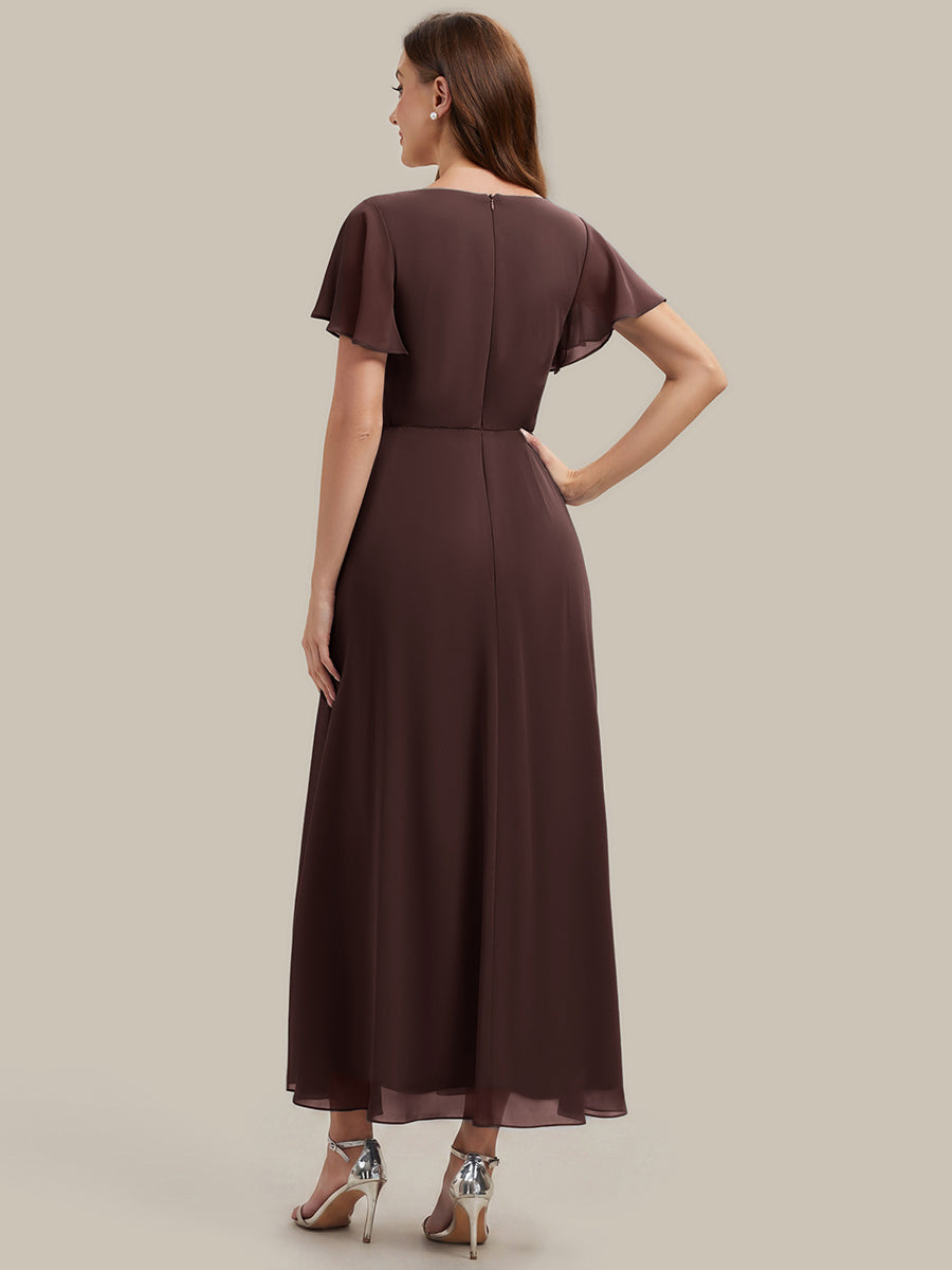 Kn?chellang V-Ausschnitt A-Line Chiffon Kleid R¨¹schendetails Strassverzierungen #Farbe_Schokoladenbraun