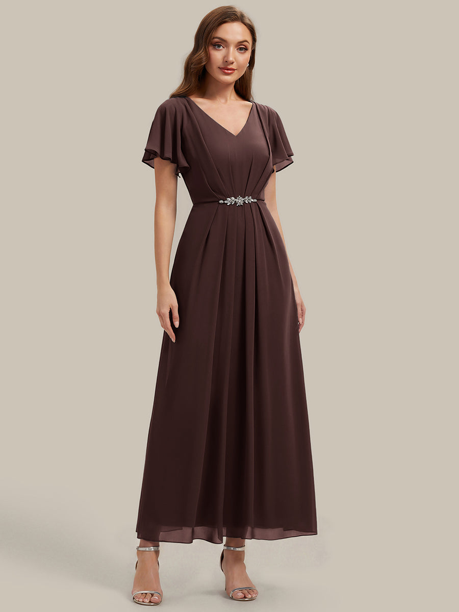 Kn?chellang V-Ausschnitt A-Line Chiffon Kleid R¨¹schendetails Strassverzierungen #Farbe_Schokoladenbraun