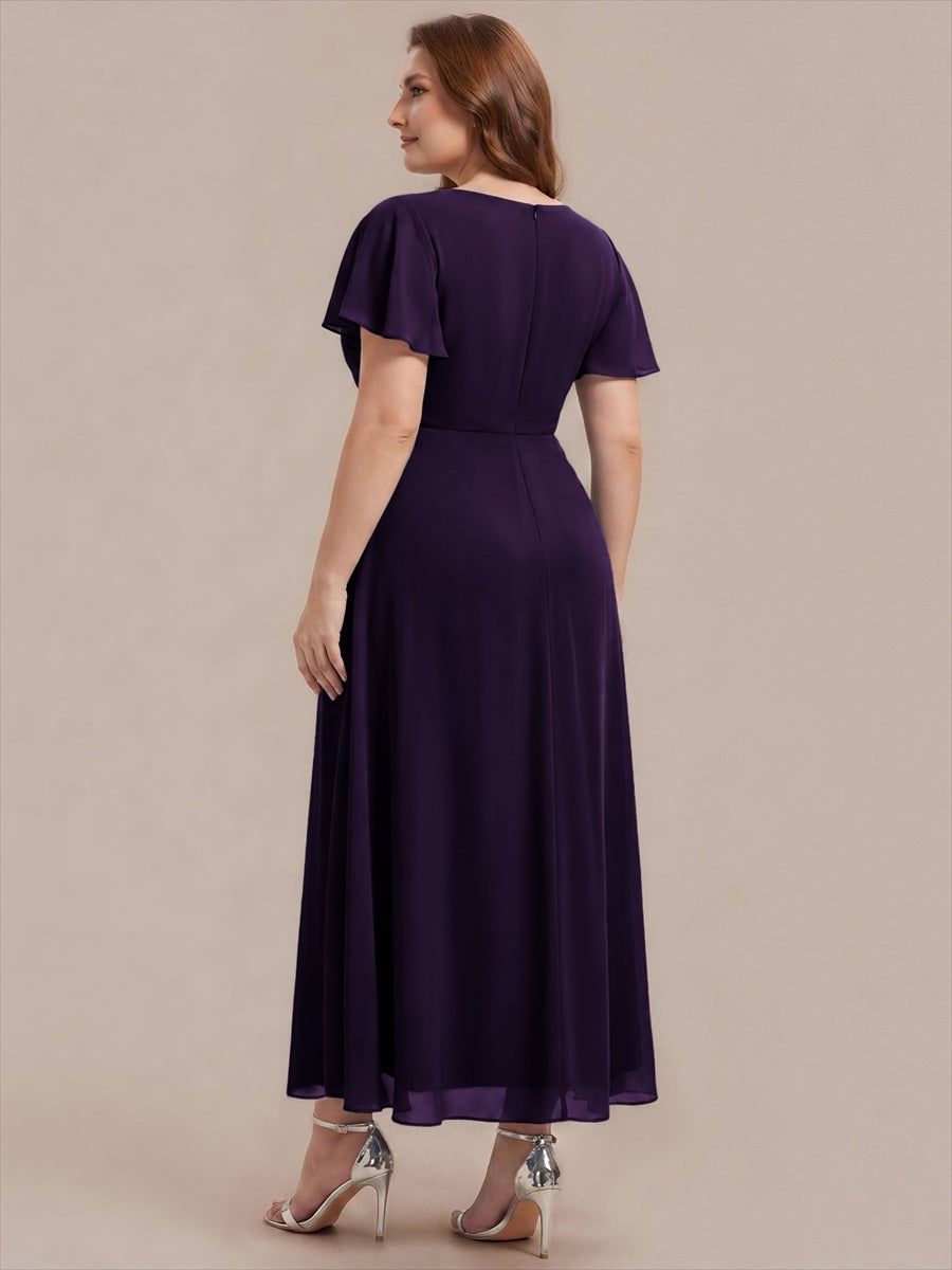 Kn?chellang V-Ausschnitt A-Line Chiffon Kleid R¨¹schendetails Strassverzierungen #Farbe_Dunkelviolett
