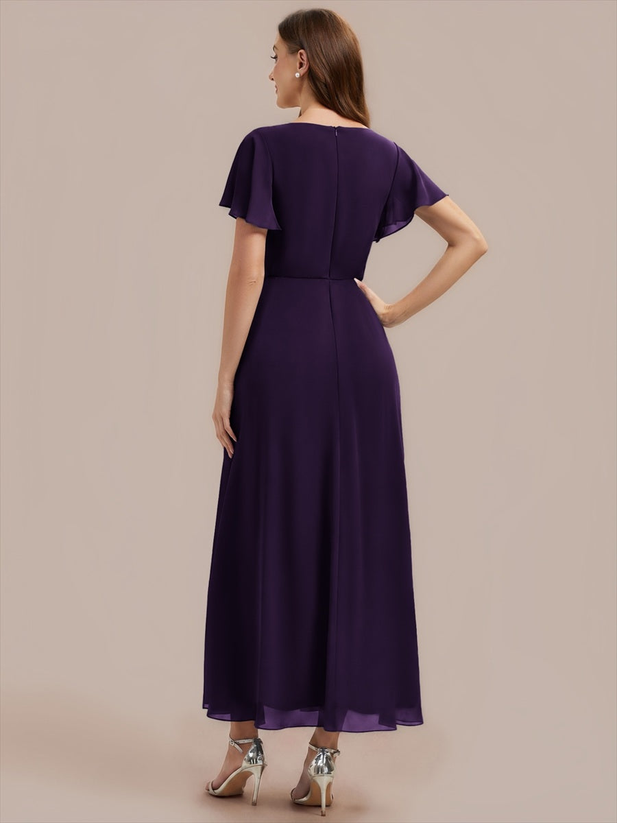 Kn?chellang V-Ausschnitt A-Line Chiffon Kleid R¨¹schendetails Strassverzierungen #Farbe_Dunkelviolett