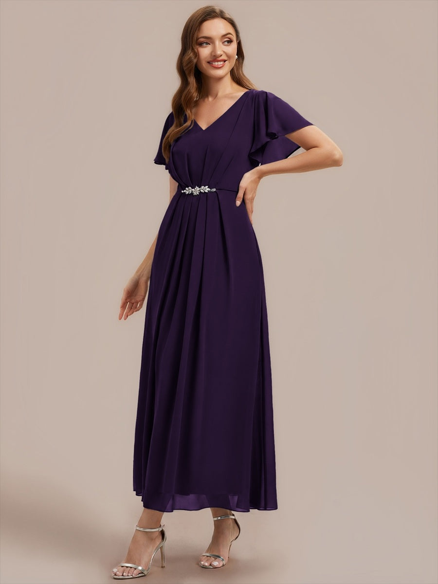 Kn?chellang V-Ausschnitt A-Line Chiffon Kleid R¨¹schendetails Strassverzierungen #Farbe_Dunkelviolett
