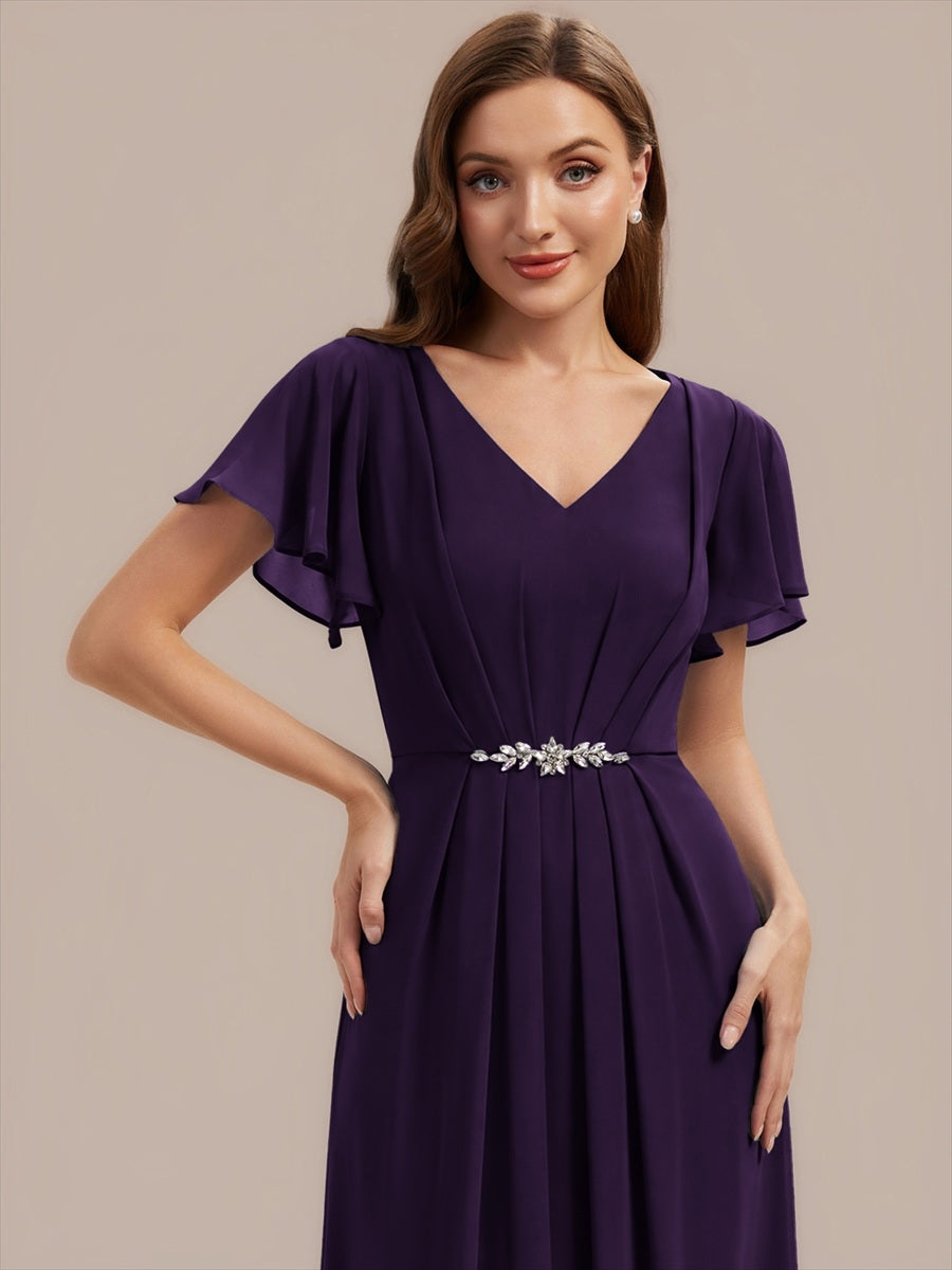 Kn?chellang V-Ausschnitt A-Line Chiffon Kleid R¨¹schendetails Strassverzierungen #Farbe_Dunkelviolett